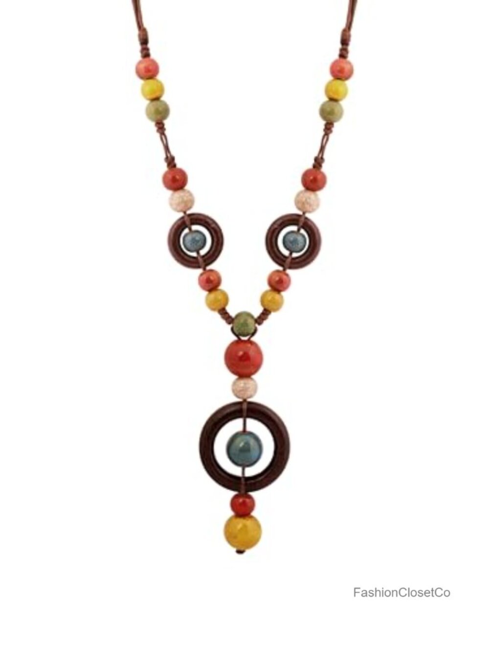 Boho Ceramic Bead Wooden Ring O-Charm Long Y Necklace Adjustable Cord